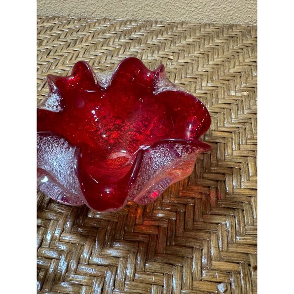 Vintage Murano Art Glass Bowl Folded Edge Silver Fleck Red MCM Dish 60s - Picture 7 of 9